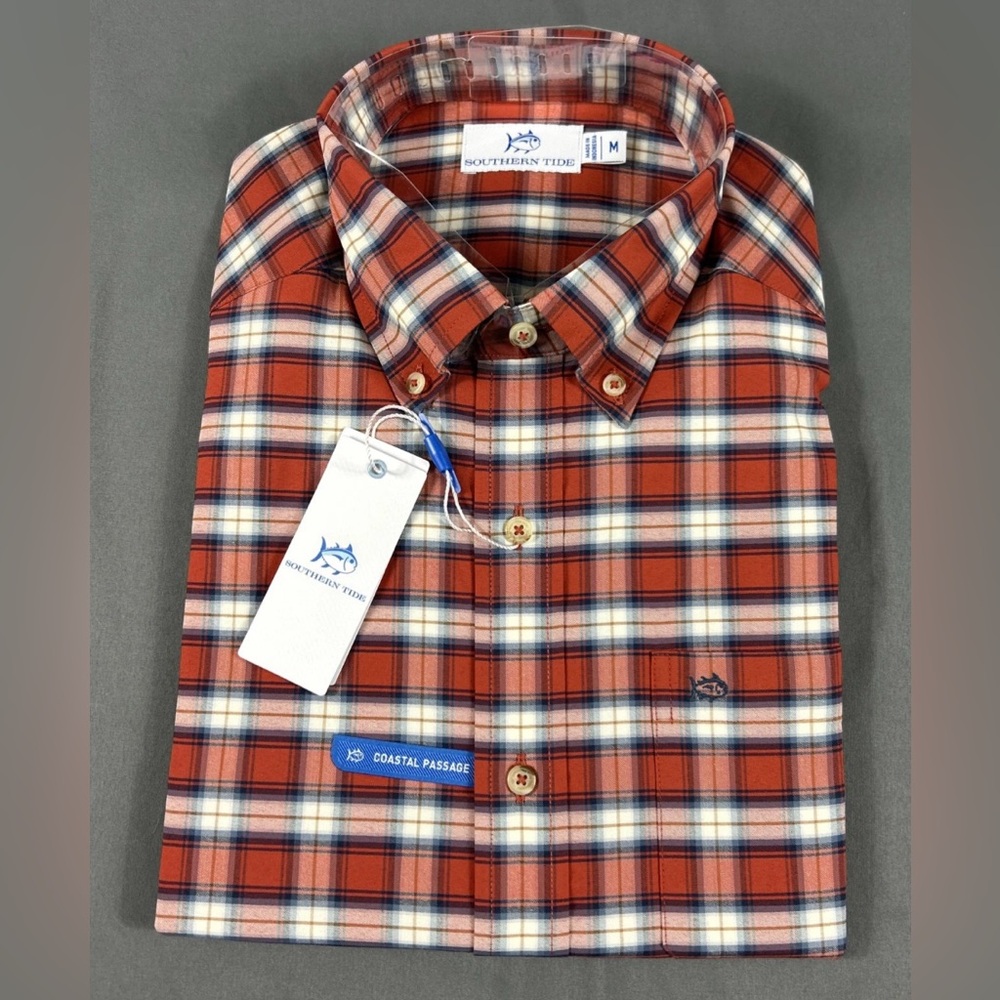 Southern Tide Sport Shirt Coastal Passage Rockledge Plaid Medium Red Nylon